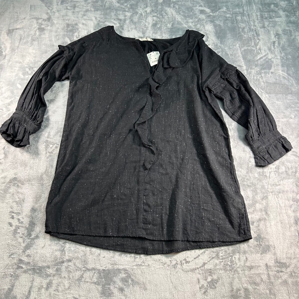 NWT ZARA BASIC COLLECTION Black Long Sleeve Ruffle Front‎ Sparkle Tunic Top L